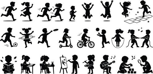 Children playing silhouette set boys and girls running jumping hopscotch soccer bicycle painting guitar active vector illustration collection.