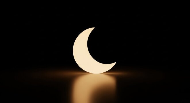 Minimalist 3D illustration of a glowing yellow crescent moon shape resting on a dark reflective floor against a black background with a soft light reflection in the foreground.