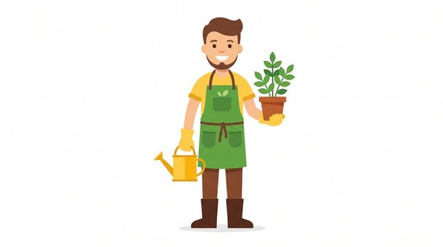 Smiling Young Gardener with Potted Plant and Watering Can Vector