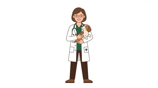 Female Veterinarian Holding Small Dog Smiling Flat Illustration
