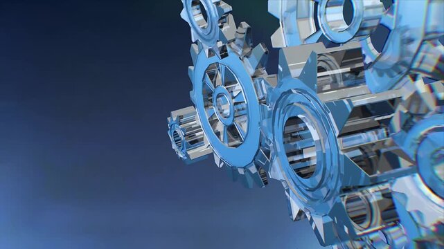 Blue Glass Gears Mechanism 3D Render on Glowing Blue Background &mdash; Business Technology Concept