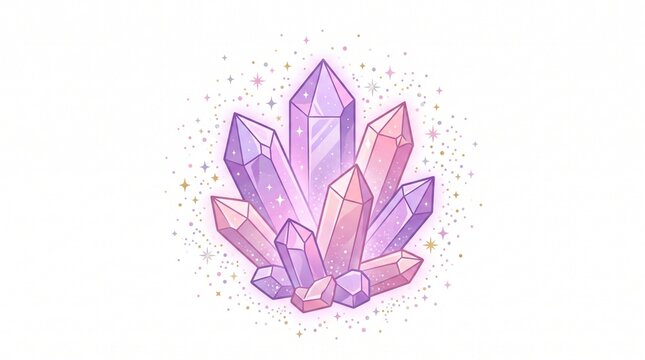 Magical Pink and Violet Crystals with Sparkles on White Background