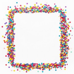 Fototapeta premium Square border composed of vibrant multi-colored round paper confetti pieces arranged on a clean white surface with central copy space for celebratory and festive design.