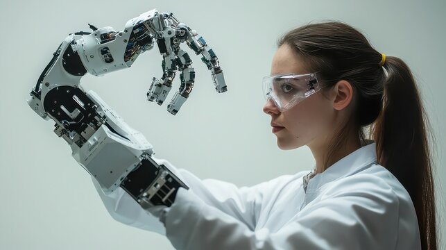 Scientist observes a complex robotic prosthetic arm to analyze the integration of human-machine technology.