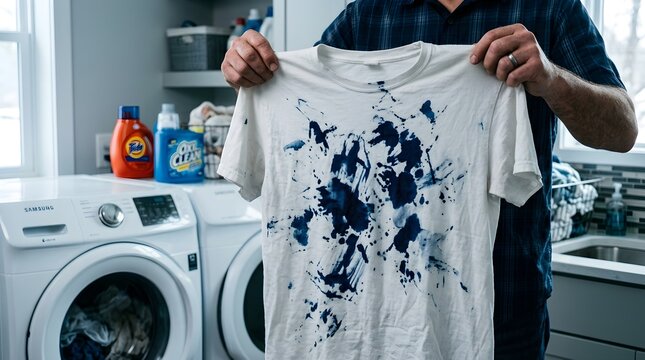 Man Holding a White T-shirt with Large Blue Ink Stains in a Laundry Room Ready for Cleaning