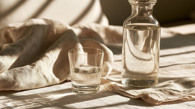 Glass carafe and tumbler of water on textured linen with warm natural sunlight and soft shadows