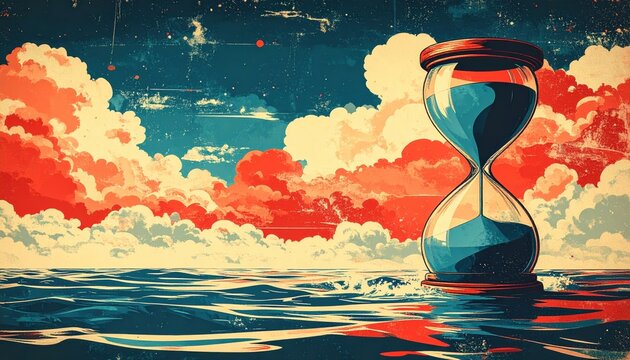Conceptual Vintage Illustration of an Hourglass Floating in the Ocean Under a Starry Sky with Clouds and Copy Space