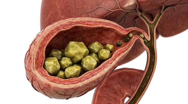 Large Gallstones Inside Human Gallbladder Cross Section Medical Illustration Showing Cholelithiasis, Bile Accumulation and Digestive Disease