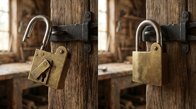 Vintage brass padlock open and closed on a rustic wooden door
