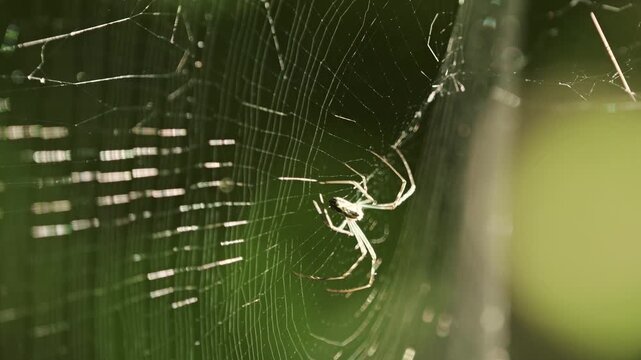 Tokyo, Japan - July 29, 2026: Closeup of a spider building a web in the Morning