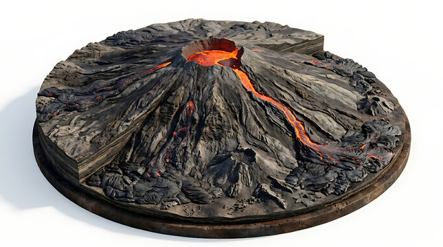 Detailed 3D model of an active volcano with flowing lava isolated