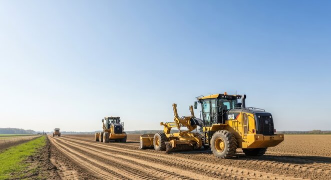 Heavy construction machinery grading a dirt site under a clear blue sky