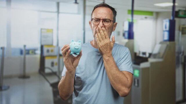 Man inserting coin into piggy bank while holding it with one hand in a studio setting, closeup emphasizing thrift and action; financial planning hope.