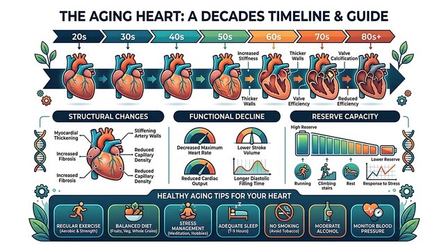 Medical infographic showing the aging heart through the decades