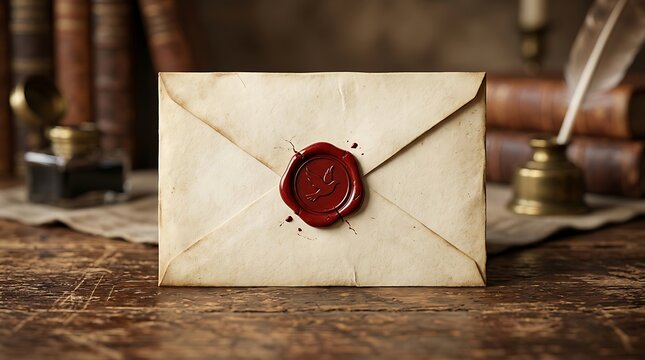 Vintage paper envelope with red wax seal on a wooden desk