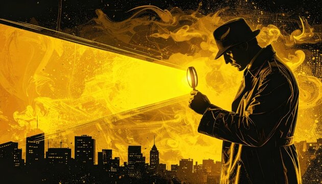 Noir detective illustration with magnifying glass over a golden city skyline at night with ample copy space for mystery or investigation concepts.