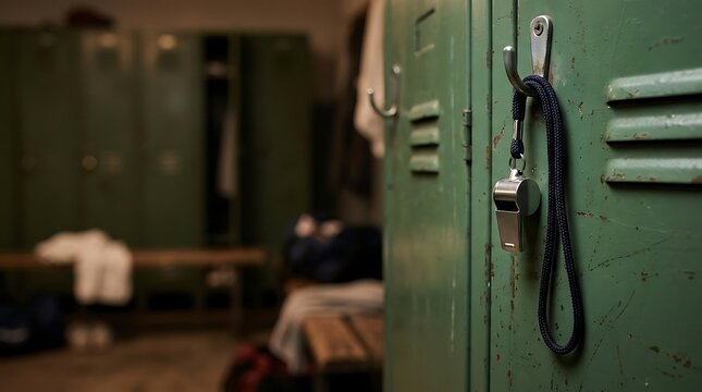 Coach whistle hanging on a green locker in a sports dressing room