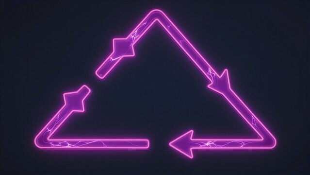 Purple neon triangle with arrows and stars, glowing against dark background.