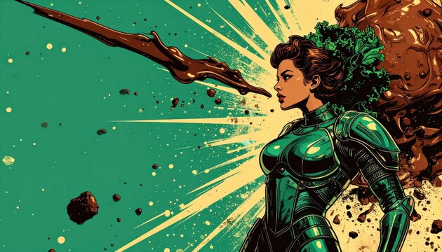 Futuristic female hero in green armor surrounded by chocolate liquid splash and crumbs in a comic book art style with copy space for text