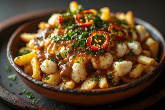 spicy chipotle poutine in a bowl