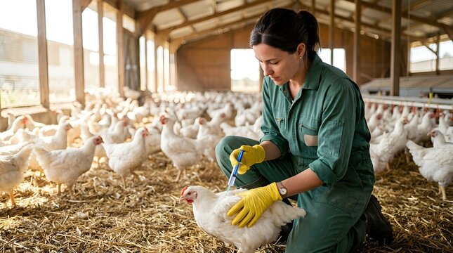 Female Veterinarian Vaccinating a White Chicken with a Syringe in a Poultry Farm Production Facility