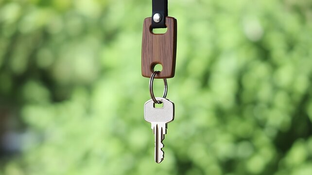 A close up photograph of a metal house key hanging on a wooden keychain with a blurred green natural garden background