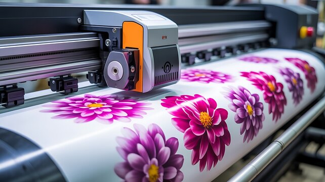 Industrial Wide Format Printer Producing Vibrant Floral Prints on Large Vinyl Roll