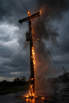 Burning Telephone Pole Surrounded By Sparks And Smoke Beneath Dark Storm Sky In Documentary View