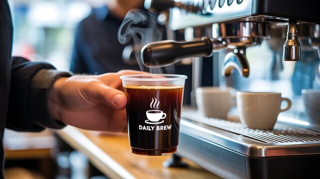 A Close-Up Shot of Freshly Brewed Hot Coffee Being Poured into a Plastic Cup at a Coffee Shop Counter