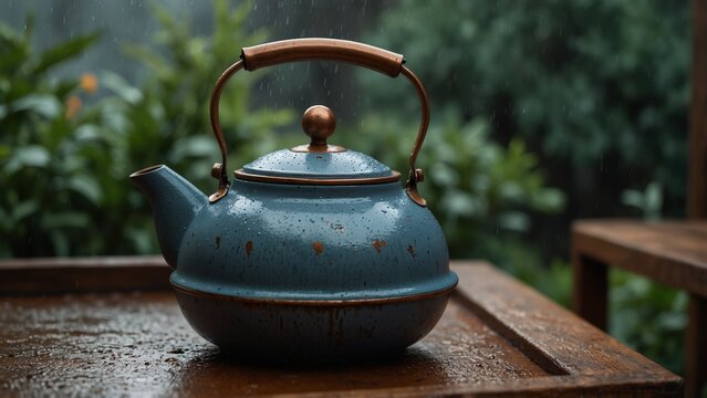 Tea kettle sitting on wooden table, digital art illustration - Generative AI