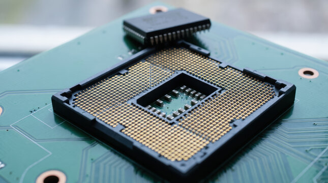 Computer chip supply squeeze on circuit board with gold contacts and microprocessor socket
