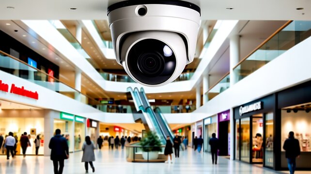Surveillance Camera Monitoring Activity Inside a Modern Multi Level Shopping Mall Center