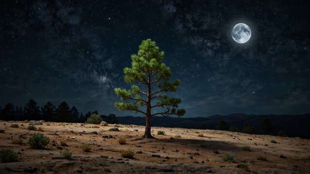 Lone pine tree in the desert at night, 3d render style background - Generative AI