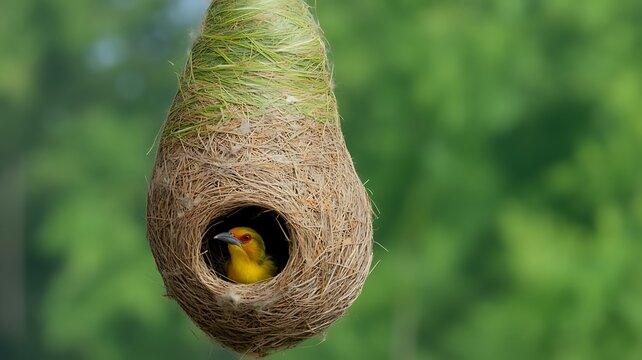 A Vibrant Yellow Weaver Bird Perched Inside Its Intricately Woven Hanging Grass Nest