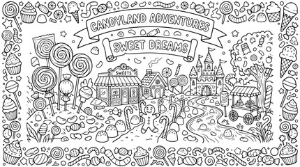 Fototapeta premium Candyland Adventures Sweet Dreams Coloring Page with Gingerbread Man and Sweets