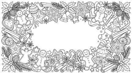 Obraz premium Christmas gingerbread and winter sweets hand drawn doodle border frame