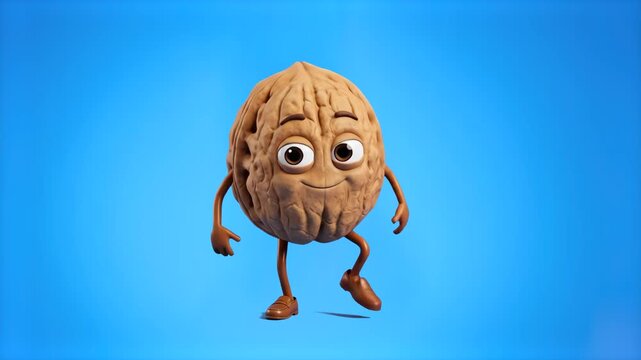 A cute 3D cartoon walnut mascot with shell detail jumping in place against a smooth blue studio backdrop. Great for healthy snack packaging, organic food advertising, nut brand promos, and commercial 