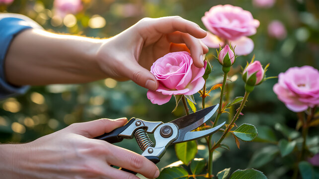 Hands Carefully Pruning Vibrant Pink Roses in a Sunlit Garden Setting