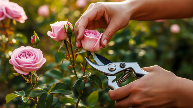 A Close-up Photograph of Hands Carefully Pruning Fresh Pink Roses in a Garden