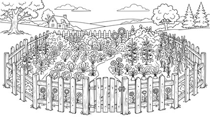 Fototapeta premium Vegetable Garden Coloring Page with House and Picket Fence