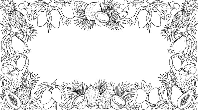 Tropical fruit and leaf border frame line art illustration