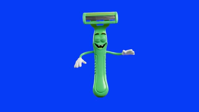 A happy 3D cartoon green shaving razor character with white gloves dancing playfully on a bright blue chroma key background. Perfect for grooming supply commercials, hygiene advertisements, video comp