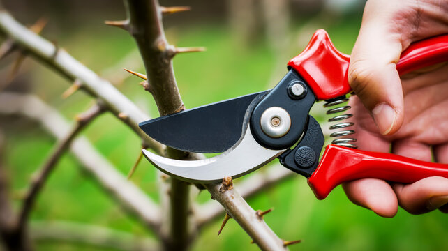 Close-up of a Gardener Using Red Pruning Shears to Trim Thorny Branches in a Garden