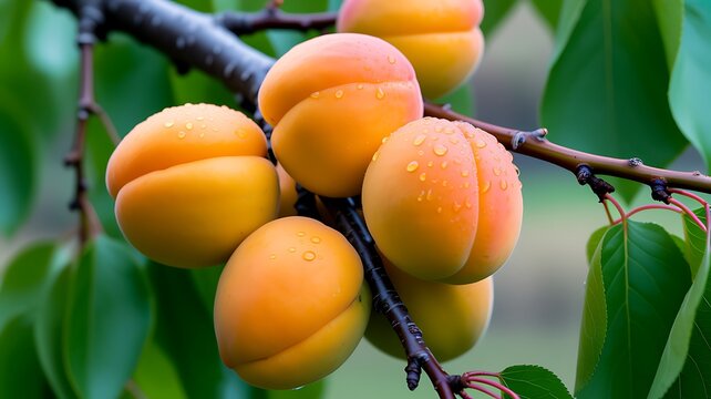 A close-up photograph of a cluster of ripe, dew-kissed apricots hanging from a branch among lush green orchard leaves