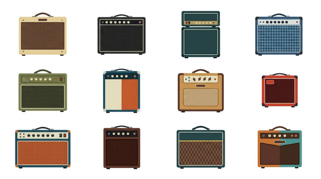 Collection of vintage guitar amplifiers in flat design style.