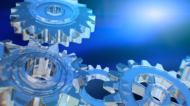 Blue Glass Gears Mechanism 3D Render on Glowing Blue Background &mdash; Business Technology Concept