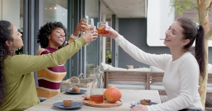 Diverse female friends smiling and raising stemless glasses, toasting on patio with pitcher