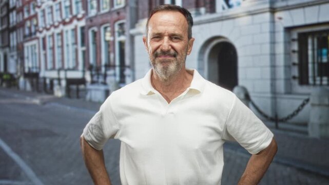 Man face grimacing with eyes closed and hand pushing away while wearing white polo on a cobblestone city street in front of a stone building with chain posts; annoyance rejection.