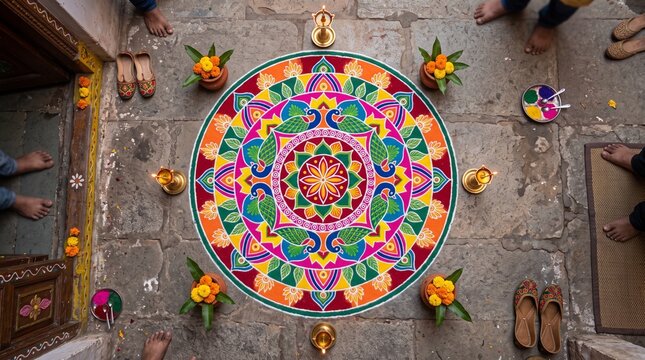 A vibrant and intricate rangoli pattern decorated with flowers and diyas, celebrating a cultural festival. 