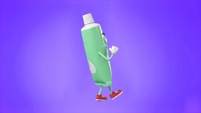 A playful 3D cartoon green toothpaste tube mascot walking cheerfully against a solid purple backdrop. Suitable for dental care promotions, oral health campaigns, kids hygiene educational content, and 